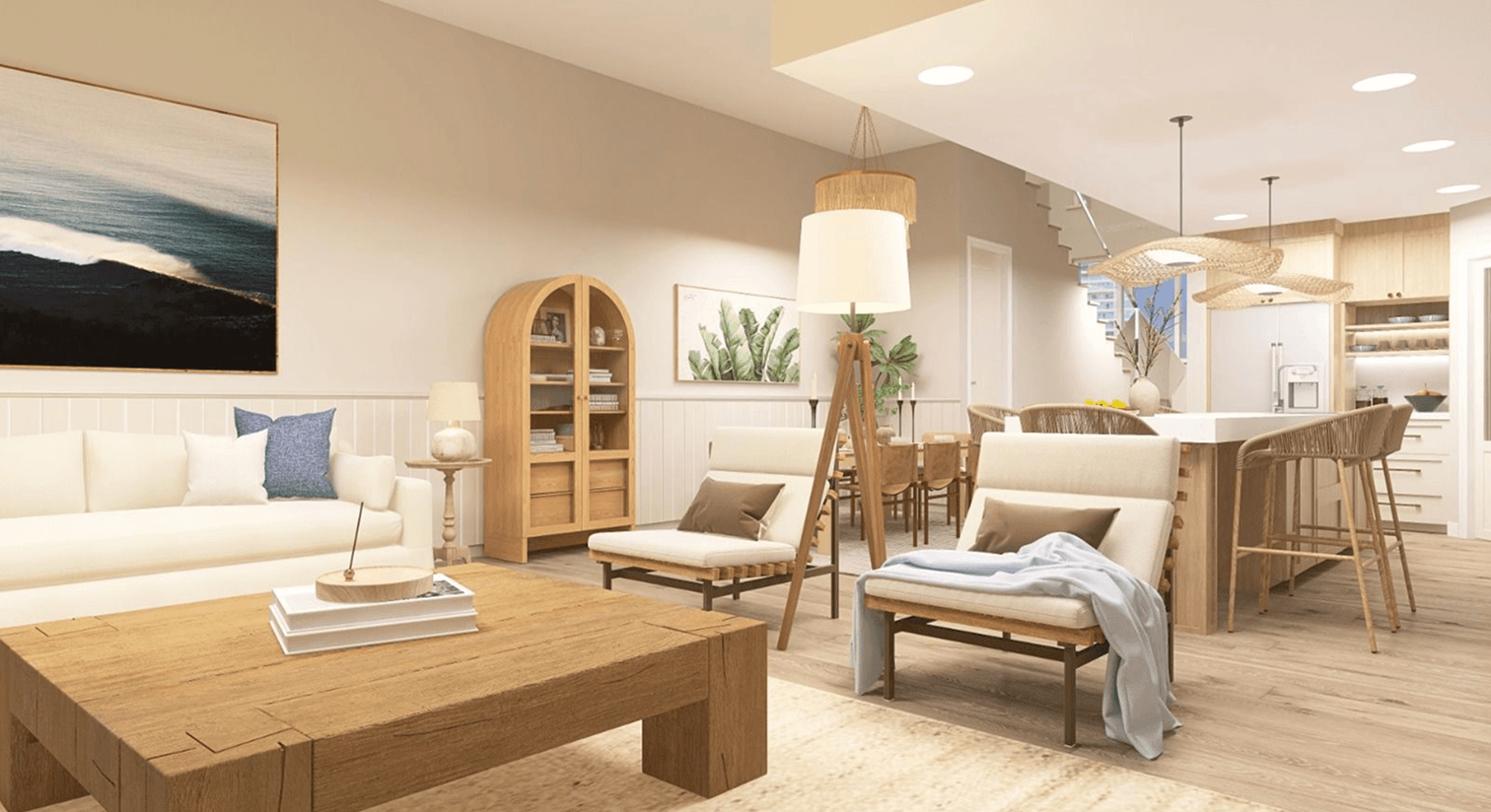 Warm open-plan living, dining, and kitchen spaces unified through wood tones and soft finishes