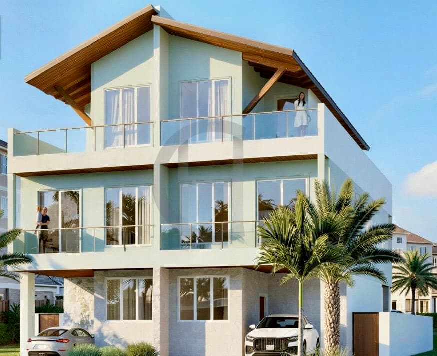 Three-story contemporary home with layered balconies, warm rooflines, and tropical landscaping